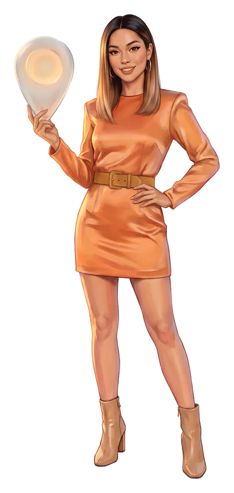 Juno Hartigan, the guide, a painted character in a tangerine satin dress, holds the glass pin, the size of the territory beside her; beside her: Territory: 2,434 km²