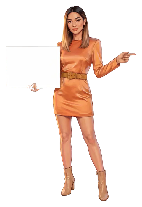 Juno Hartigan, the guide, a painted character in a tangerine satin dress, points at the territory map, board with the distance to the next casino; the board reads: 5.2 km, next casino: River Cree